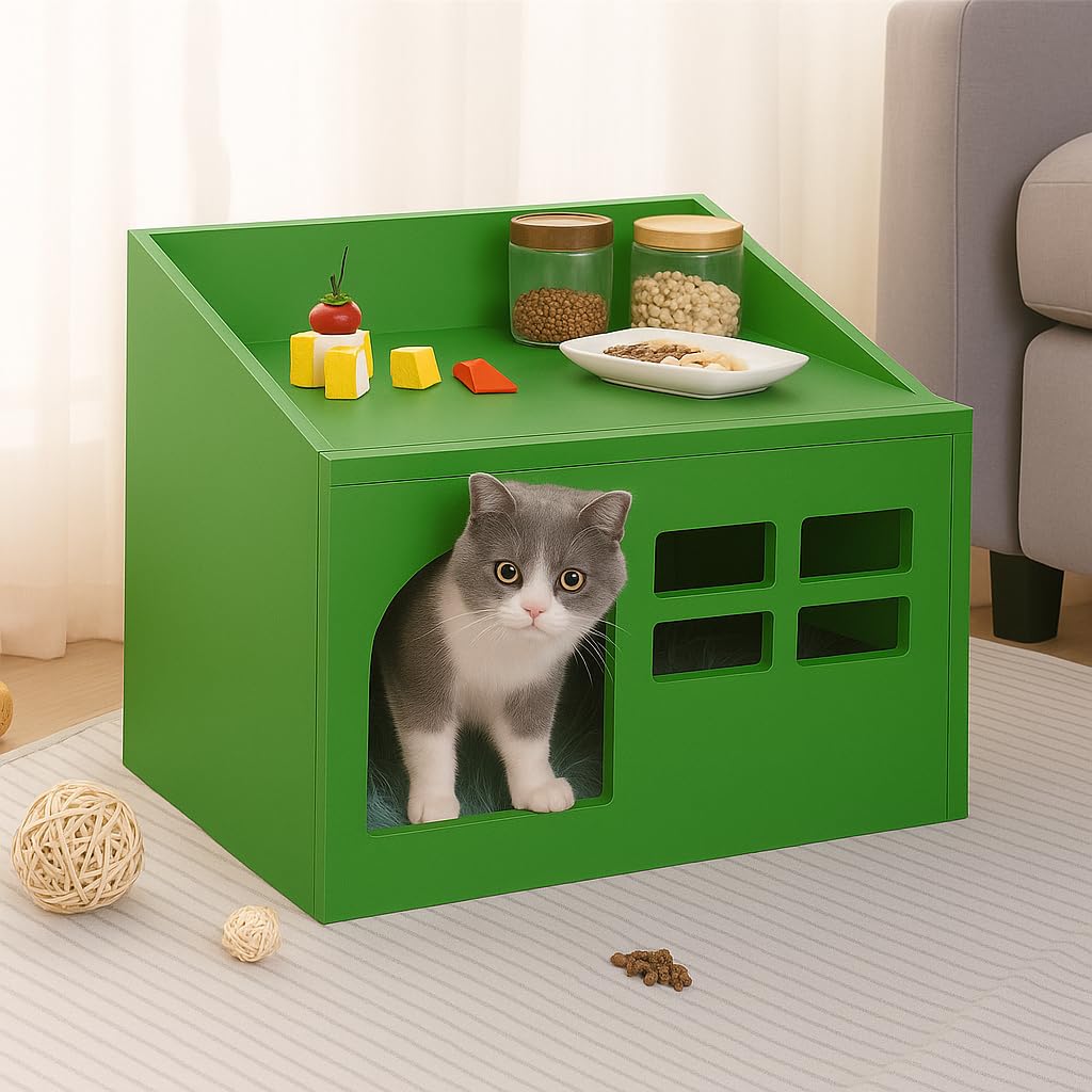 Sabri SHOPEE Wooden Cat House for Indoor Cats, Premium Durable Pet Shelter, Modern Design with Multiple Entry Points Cat Kittens & Small Pets Home Indoor Shelter (Green, Box Style Cat House) 1