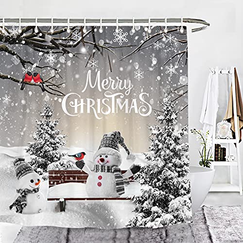 Wencal Merry Christmas Winter Snowman Shower Curtain Xmas Tree Cardinal Bird Snowflake Holiday Bathroom Decor with Hooks 72 x 72 Inches