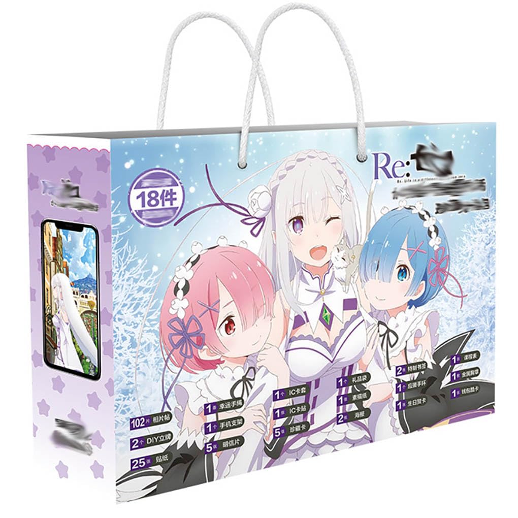 18 Re Zeros Lucky Bag Decor | Anime Figure Acrylic Stand, Stickers, Cards, Bracelet, Curriculum, Poster, Badges, Bookmark | Re Zeros Anime Merch Box Set