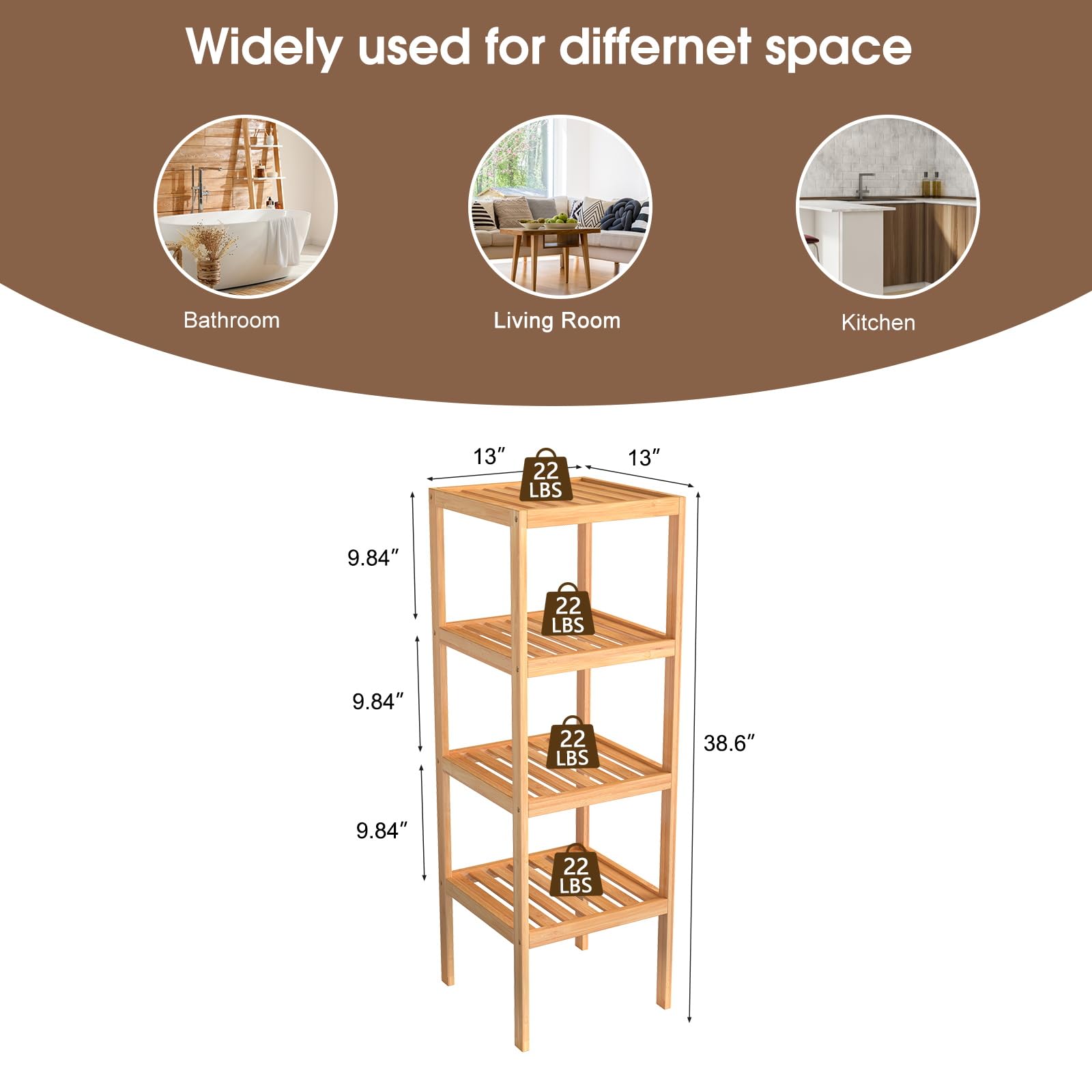 kinbor Bamboo Bathroom Storage Shelf Freestanding, 4 Tier Shelving Unit Corner Rack for Bathroom