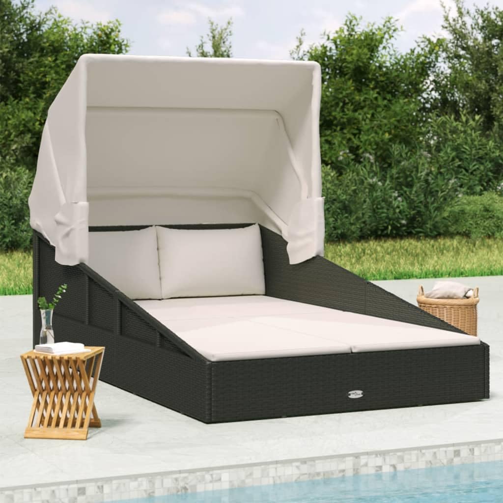 Lettino da giardino con tetto pieghevole, nero, 200 x 114 x 128 cm, in polyrattan, con tetto e protezione solare, per terrazza, balcone, piscina, spa, relax all'aperto
