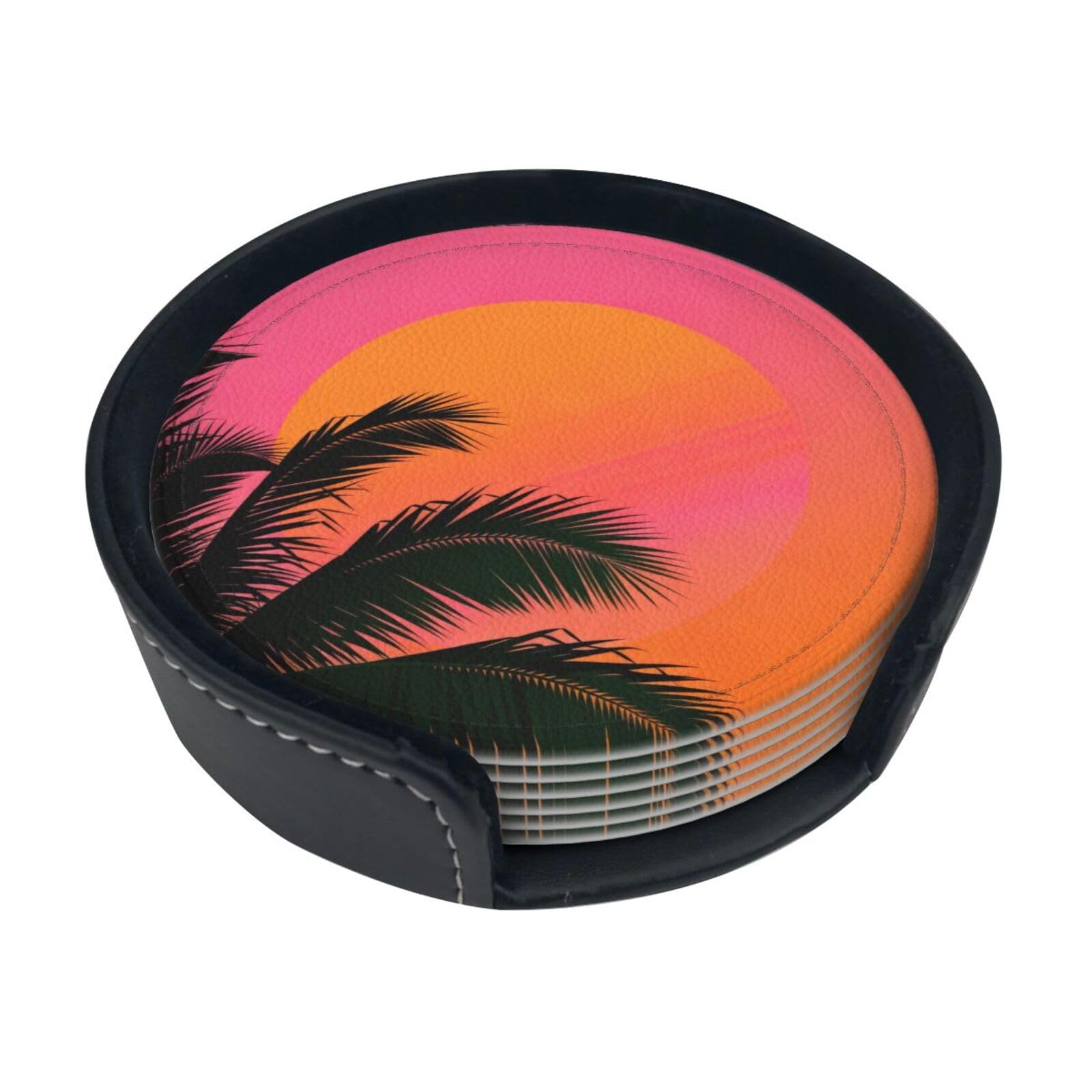 Cntdbu White Palm Sunset Silhouette Leather Coasters Set Of 6-Pu Leather Drink Mats For Table, Heat Resistant Round Coasters With Holder