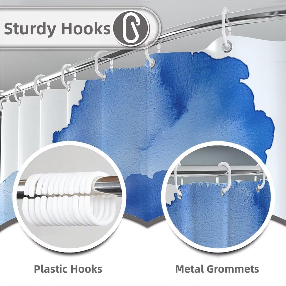 Blau Duschvorhang 240x200, Duschrollo mit 12 Duschvorhang Haken, Blühen Shower Curtains Beschwerter Saum, Waschbar Polyester Stoff Wasserdicht Extra Lang für Badewanne Badezimmer Deko, Geschenke -5117