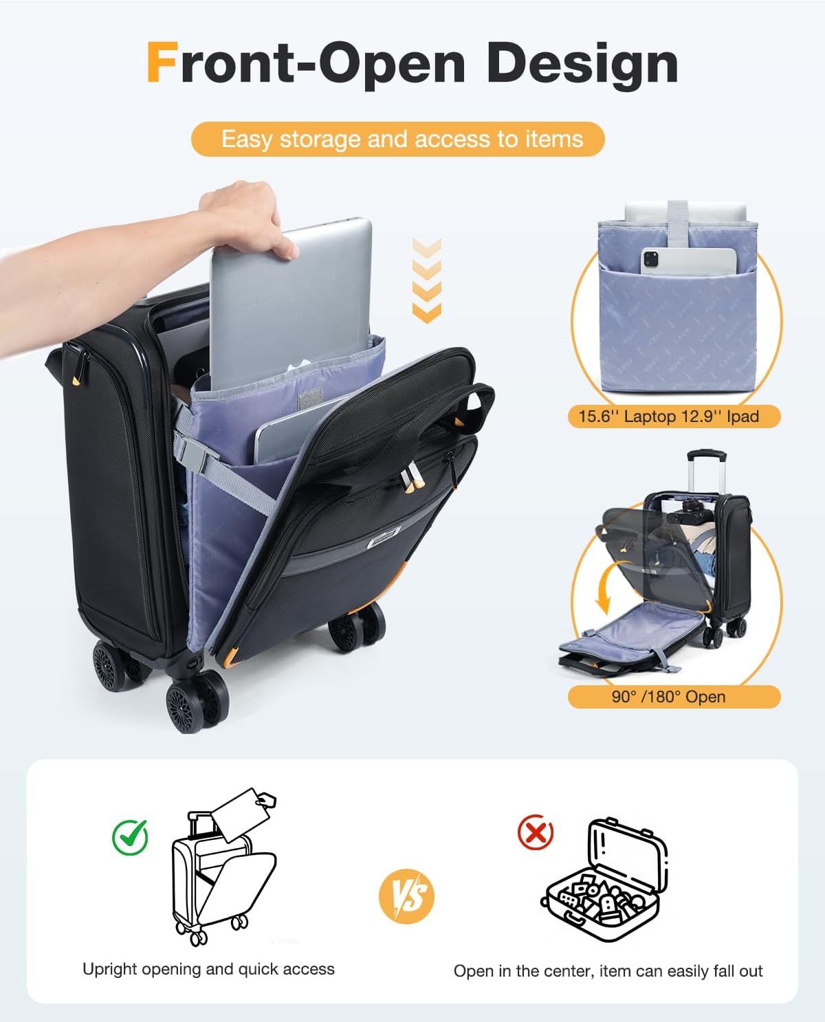 Underseat Carry On Luggage with Wheels, 16 Inch Softside Suitcase with Detachable Wheels, Lightweight Overnight Bag Travel Luggage with Spinner Wheels for Women Men, Black - Image 5