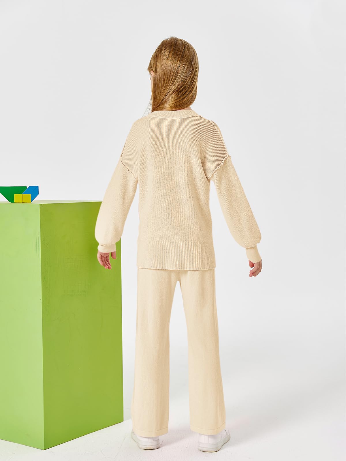 Haloumoning Conjunto de 2 piezas para niñas de manga larga con cuello redondo y cordón de ajuste de pierna ancha y pantalones largos, 5-14T