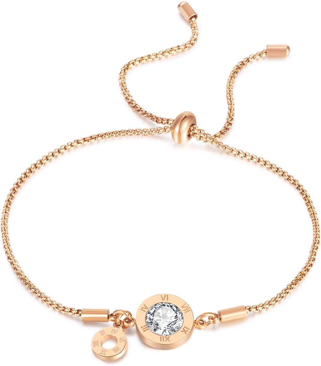 18K White/Rose Gold Plated Bracelets Lucky Roman Numerals Bracelet Adjustable Stainless Steel Bracelets Jewelry Gifts for Women Men