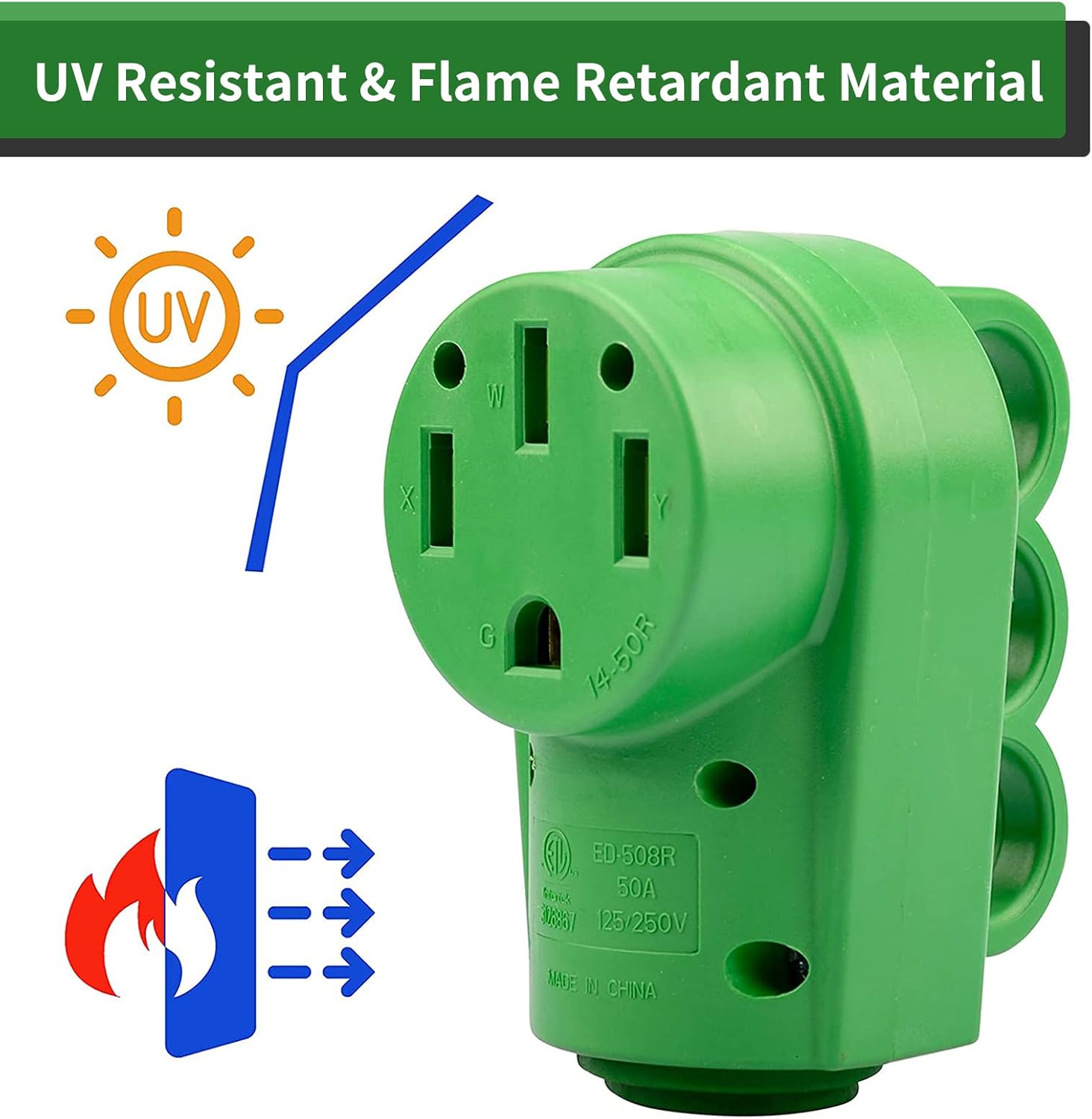RVGUARD NEMA 14-50R RV Replacement Female Plug, 125/250V 50 Amp with Disconnect Handle, Green - - 