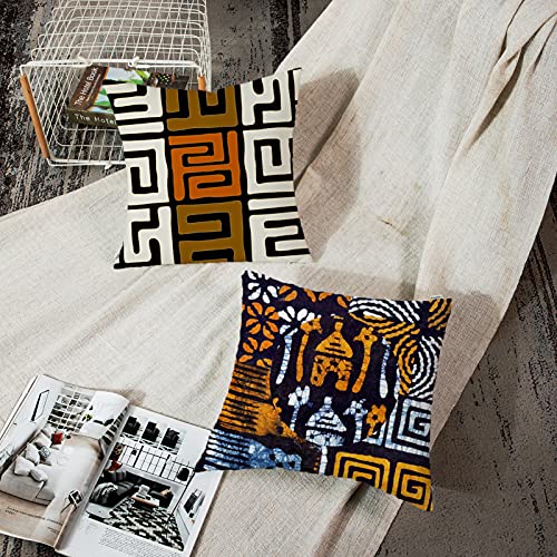 Artsocket Set Of 4 Throw Pillow Covers Orange Tribal Kuba Inspired Earth Colors Geometric Ethnic Black Brown Mud African Decorative Pillow Cases Home Decor Square 18X18 Inches Pillowcases #TOP2