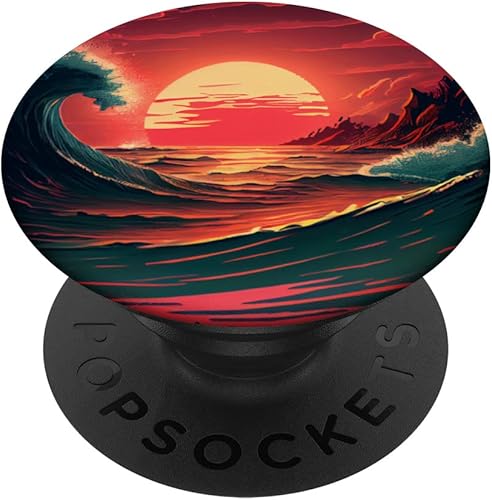 Sundown At Ocean Big Wave Clouds Illustration PopSockets Swappable PopGrip
