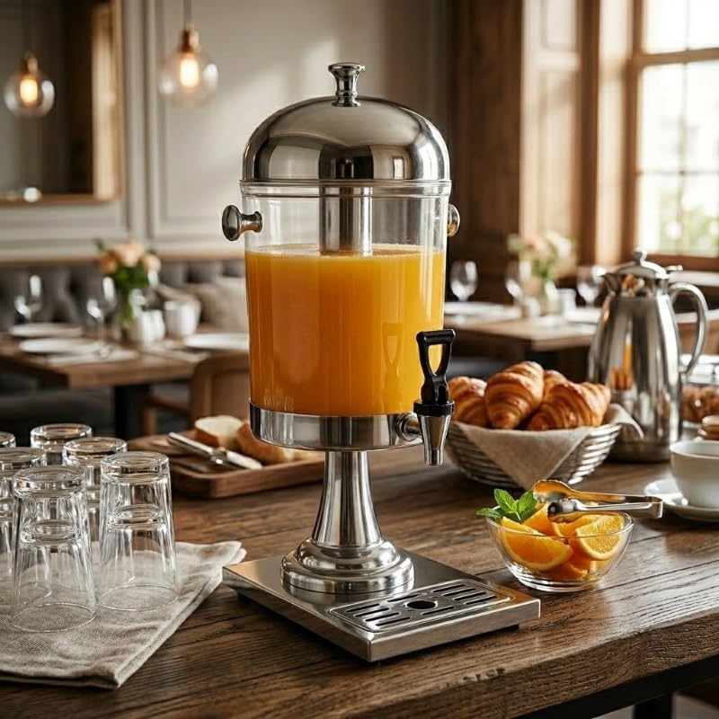 Distributeur de Jus 8L - Réservoir Transparent - Cylindre à Glace - Robinet Anti-Goutte - Inox