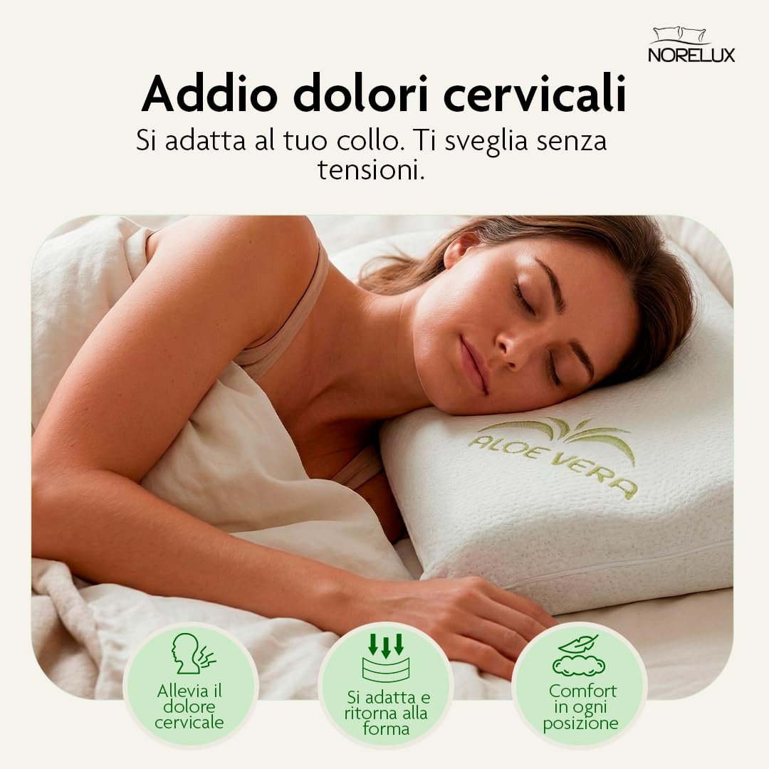 NORELUX Cervical Cuscino Cervicale Forato a Doppia Onda in Memory Foam, Fodera in Aloe Vera, Guanciale Viscoelastico per Supporto a Testa e Collo, OEKO-TEX Standard 100, 67x42x9/11cm, Made in Italy