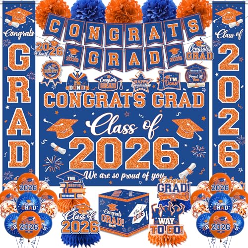 Graduation Decorations 2026 Congrats Grad Banner Kit with Class of 2026 Backdrop Porch Sign Hanging Swirls Honeycomb Centerpieces Balloons Box for Grad Party Decorations (Orange-Blue)