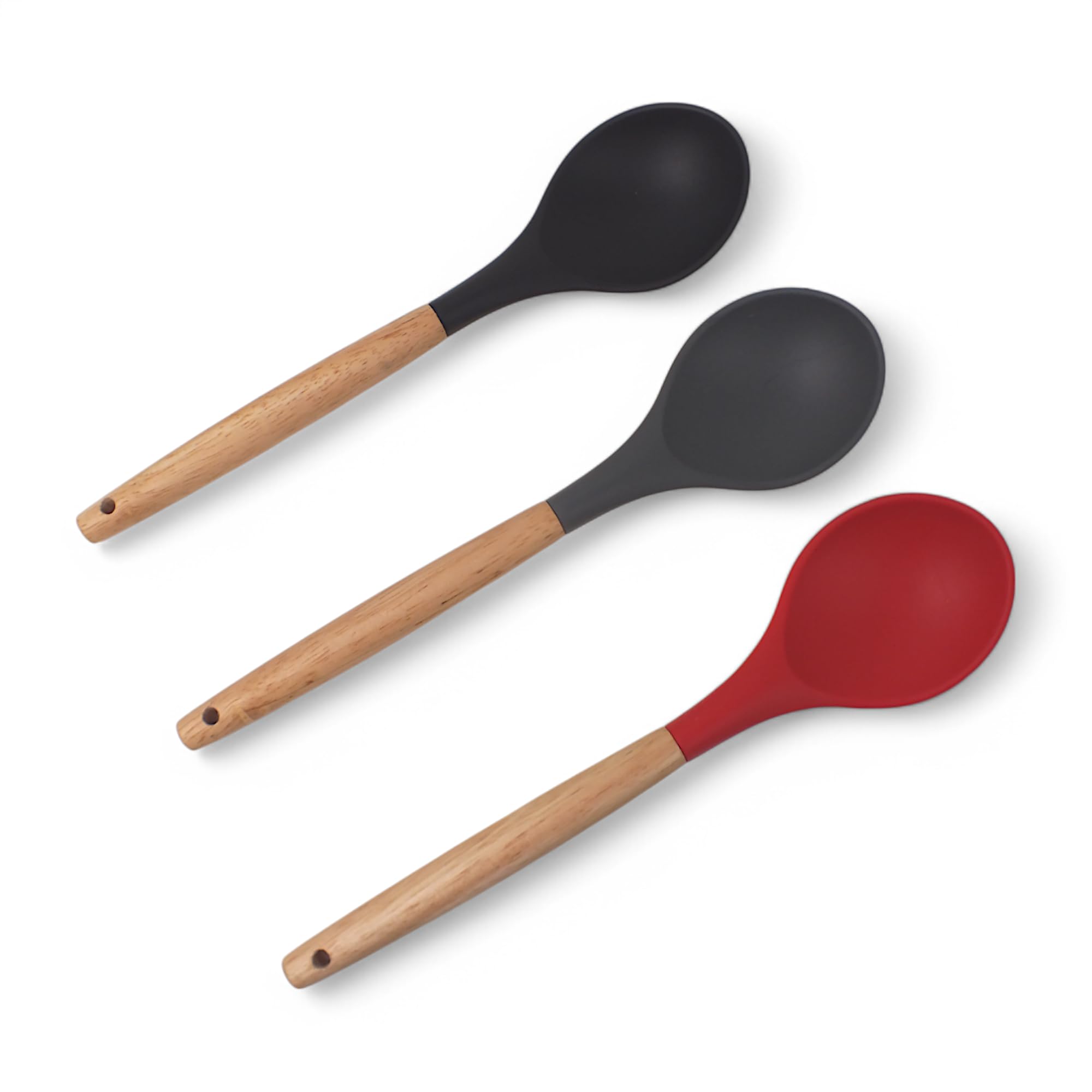 Deconox Bambu Saplı Silikon Servis Kaşığı, Bambu Uzun Silikon Servi Kaşığı 28cm 3 Renk Seçenekli, Yemeklerinizi Servis Etmek İçin Silikon Servis Kaşığı (KIRMIZI)