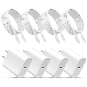 iPhone 17 16 15 Charger, USB C Charger, 4-Pack Fast Wall Charging, USB-C Chargers Block 4-Pack 6 ft Cable Included for iPhone 17/16/15/15 Pro/15 Pro Max/iPad Pro/AirPods Samsung & More