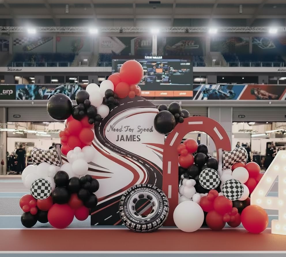 Race Car Balloon Arch Garland Kit, 154pcs Different Size Tire Flags Checkered Black Red White Balloons Arch Kit for Racing Car Two Fast Theme Boy Birthday Anniversary Party Decorations - Image 4