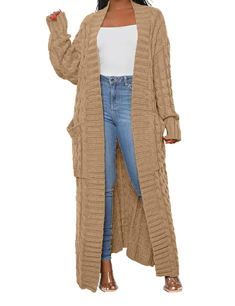 Womens Thin Stylish Cable Knit Dual Extra Long Maxi Cardigan with 2-Pockets