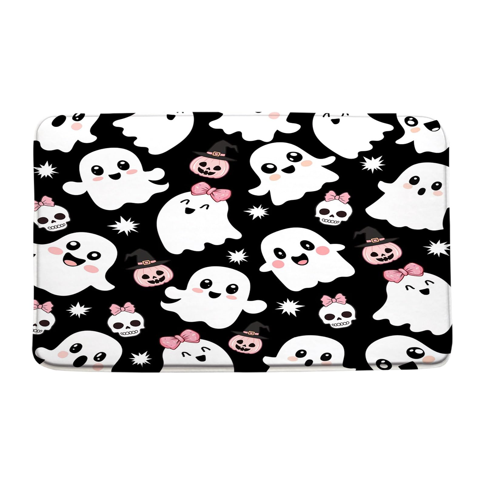 Halloween Ghost Bath Mat Black and White Spooky Cute Bowknot Funny Cartoon Gothic Skull Horror Festival Decor Bathroom