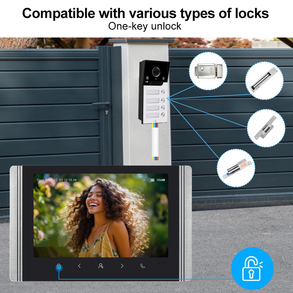 Wifi Wireless Video Türsprechanlage,1080P Außenenkamera,7 Zoll Touchscreen Wireless Monitor,PIR Bewegungserkennung,Nachtsicht,Tuya APP Steuerung (4 Familienhaus)