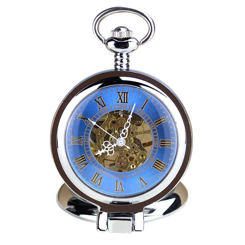 KTC Vintage Silver Color Hand-Wind Mechanical Blue Hollow Dial Roman Numeral Pocket Watch