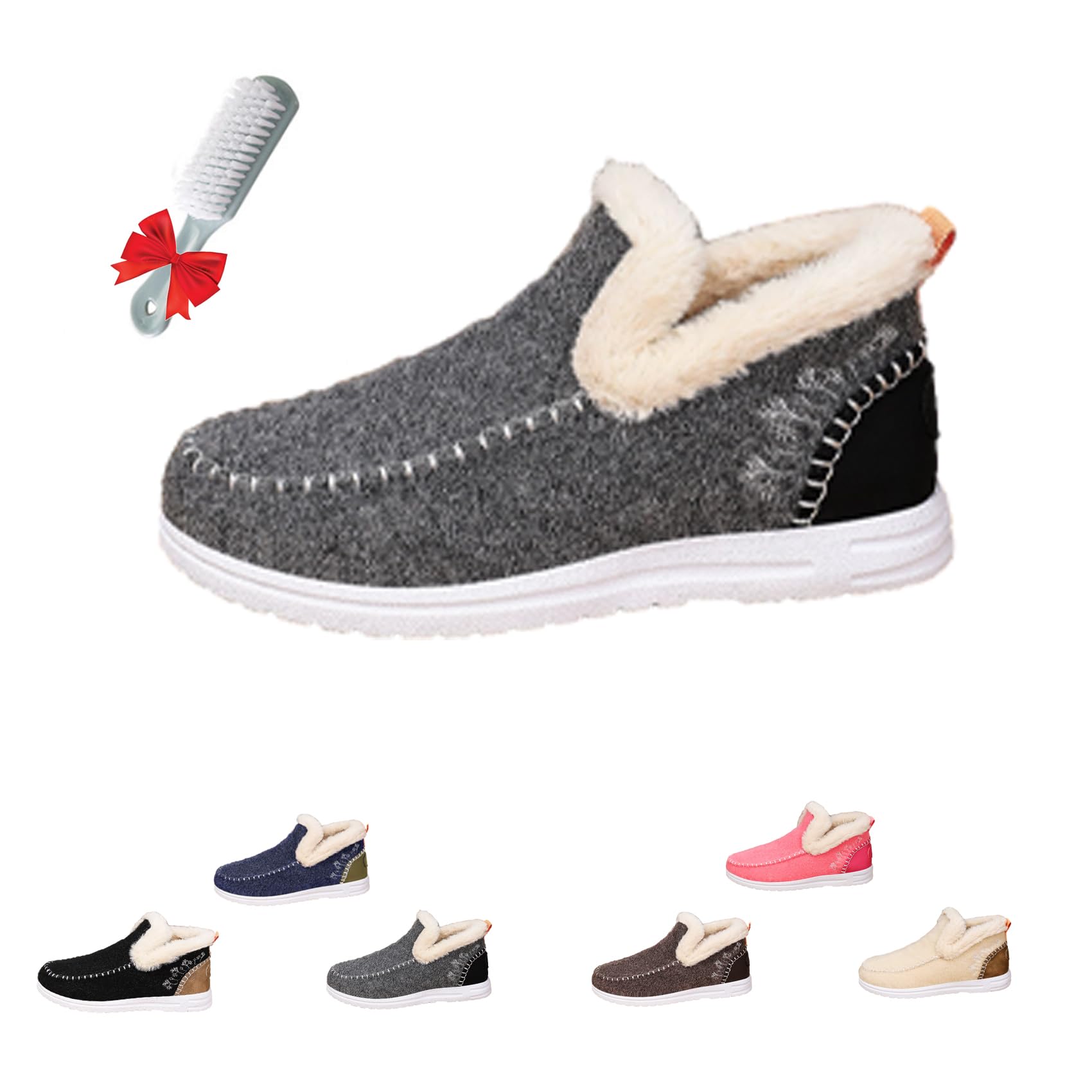 Womens Fuzzy Boots Orthopedic Fleece Slip-On Boots Warm Plush Lined Soft Fabric Upper Round Toe Fur Lined Boots