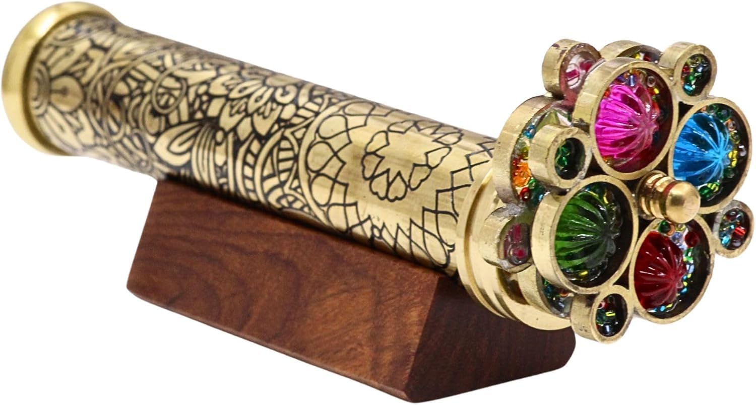 Brass Kaleidoscope with Engraved Floral Design, Colorful Jeweled End, Wooden Display Stand