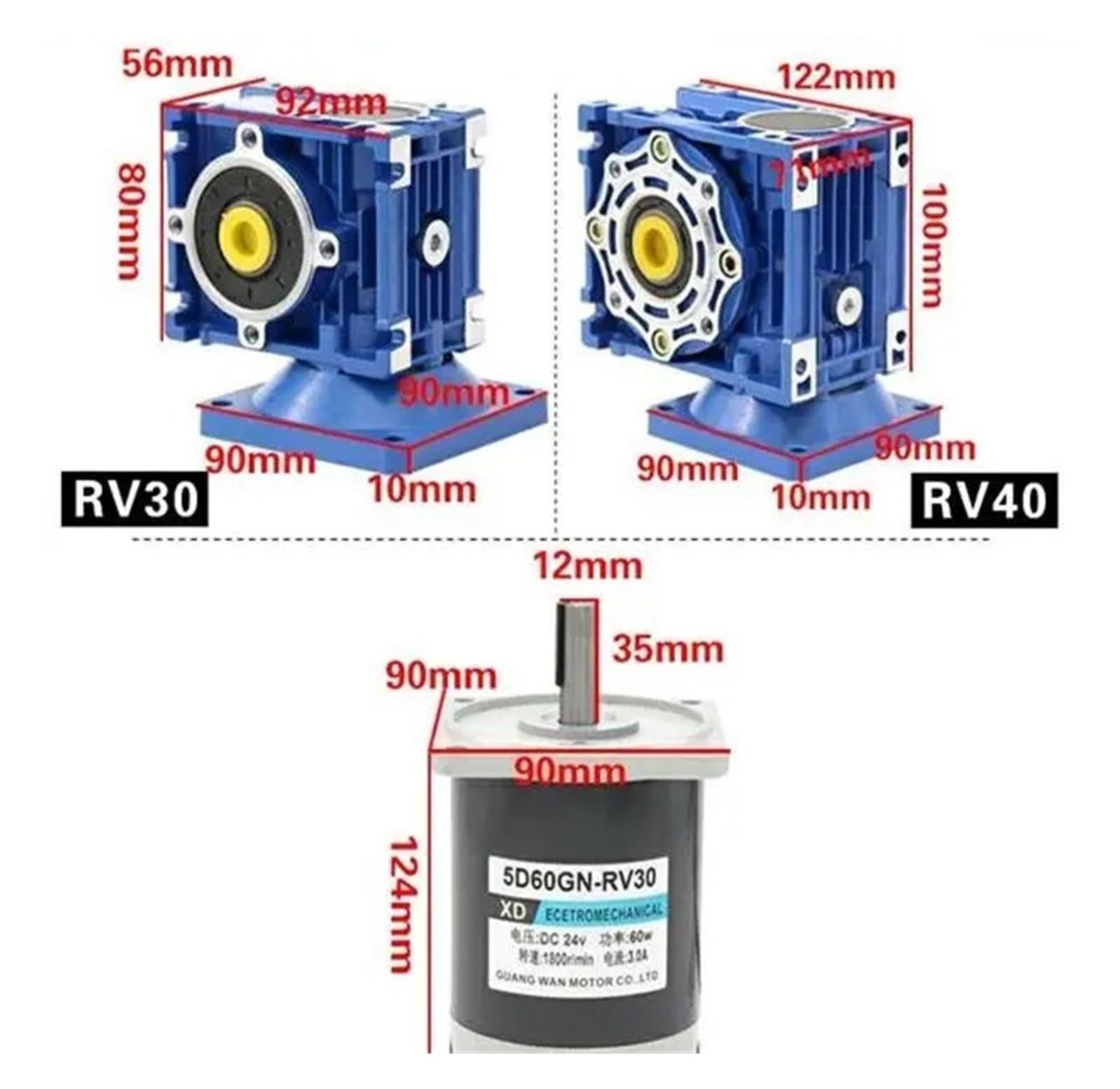 12V 24V 60W DC-Schneckengetriebemotor mit einzelner Ausgangswelle mit selbstsichernder, einstellbarer Geschwindigkeit für Boot, Auto, Ventilator, Haushaltsgerät(140RPM,RV40 24V)