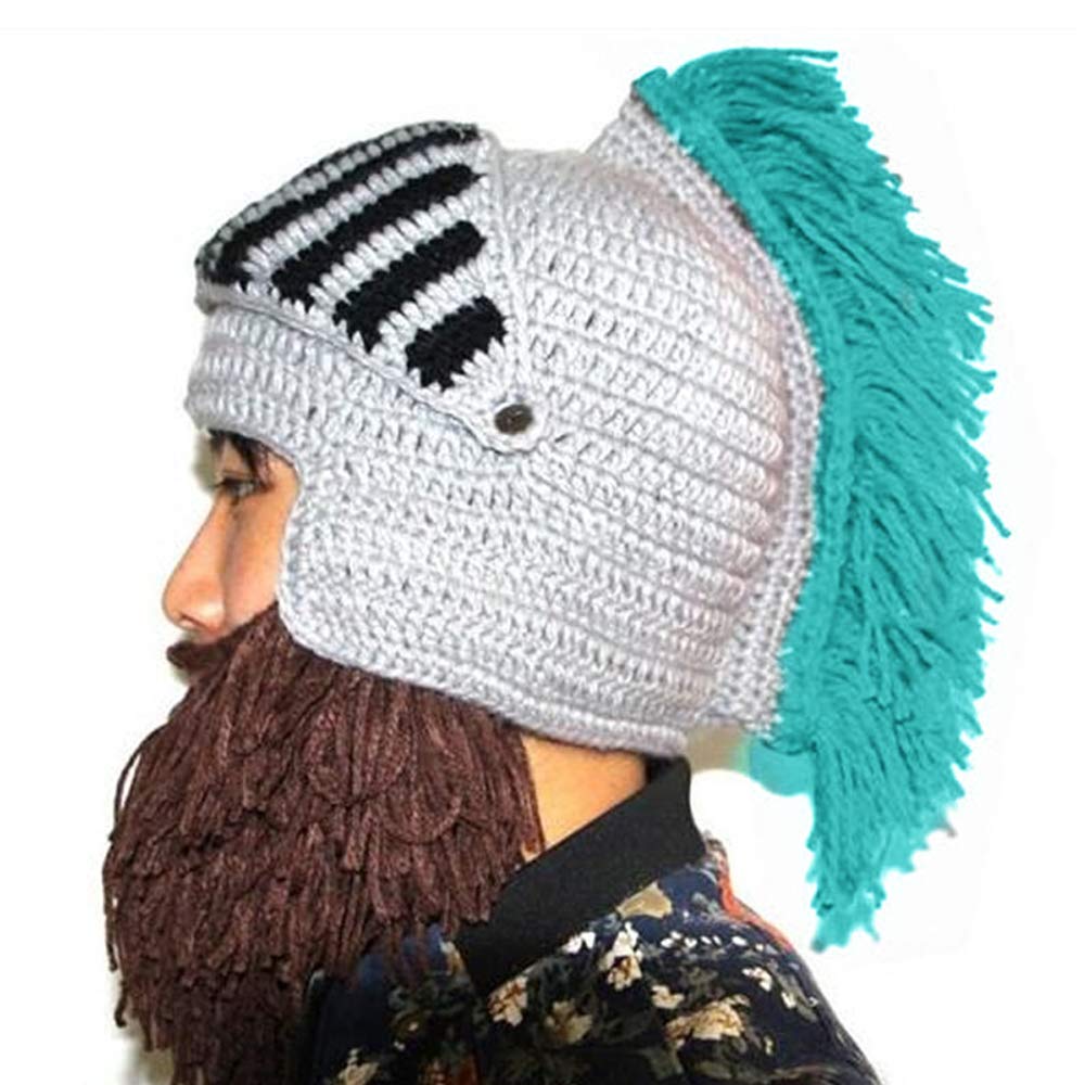YEKEYI Wig Beard Hats Cosplay Roman Knight Knitted Helmet Winter Sports Warmer Cap Ski Funny Mask Beanie SkyBlue