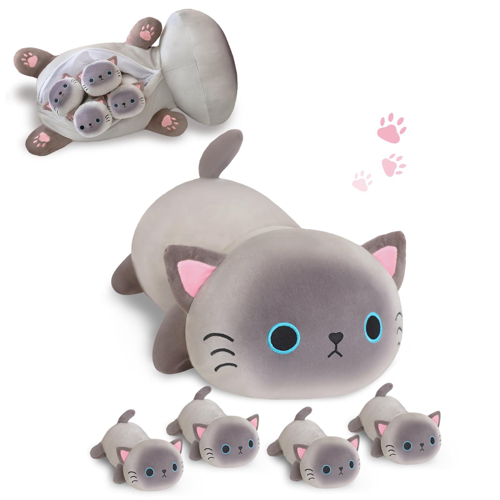 SQEQE Peluche a forma di gatto siamese con 4 bambini, simpatico peluche | Mamma gatto con 4 interni, set per la famiglia, materiale morbido, regalo unico per bambini e ragazze
