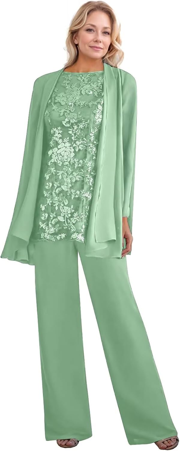 3 Pieces Mother of The Bride Pant Suits for Women Dressy Lace Chiffon Wedding Formal Evening Gowns Outfit with Jacket