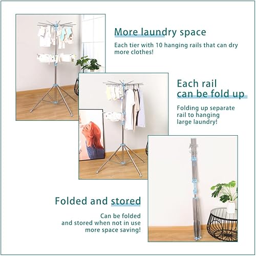 Miniatura 4 de Hershii Estante de secado de ropa plegable de 3 niveles para interiores y exteriores, soporte plegable para colgar ropa, ahorro de espacio con