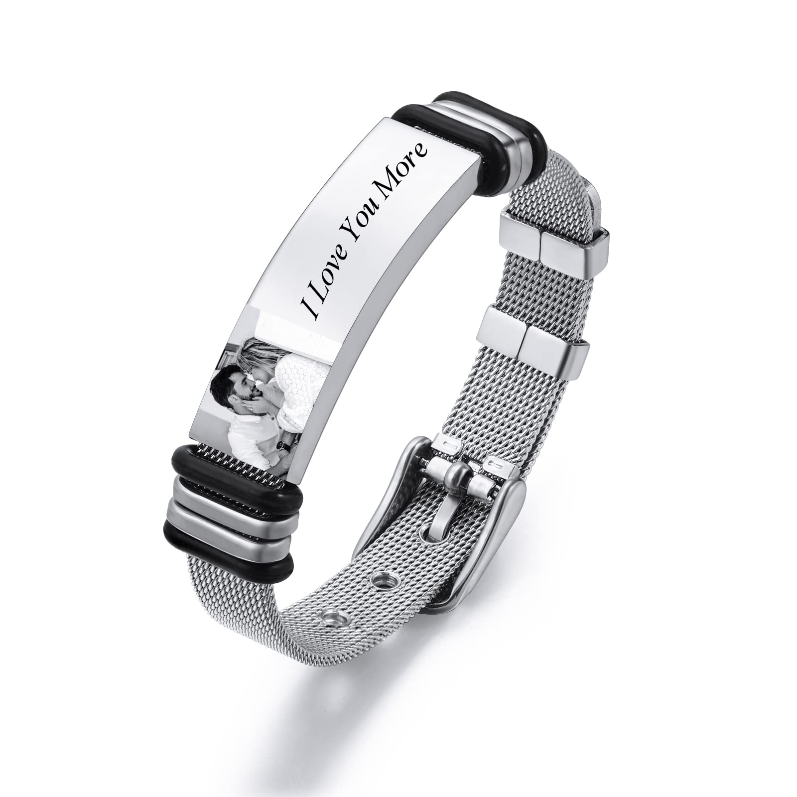INBLUE Personalizada de Acero Inoxidable para Hombre Pulsera Grabada con Fotos/Texto/Nombre Regalos de Joyería para Novio Padre Hermano