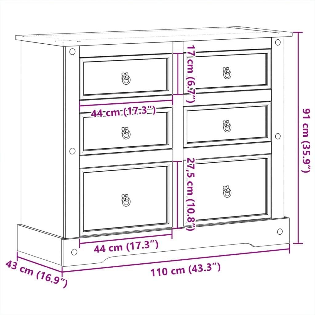 Komoda Corona z litego drewna sosnowego z 6 szufladami 110 x 43 x 91 cm, metalowe uchwyty, wszechstronne miejsce do przechowywania do salonu, sypialni, korytarza, łatwa w pielęgnacji i