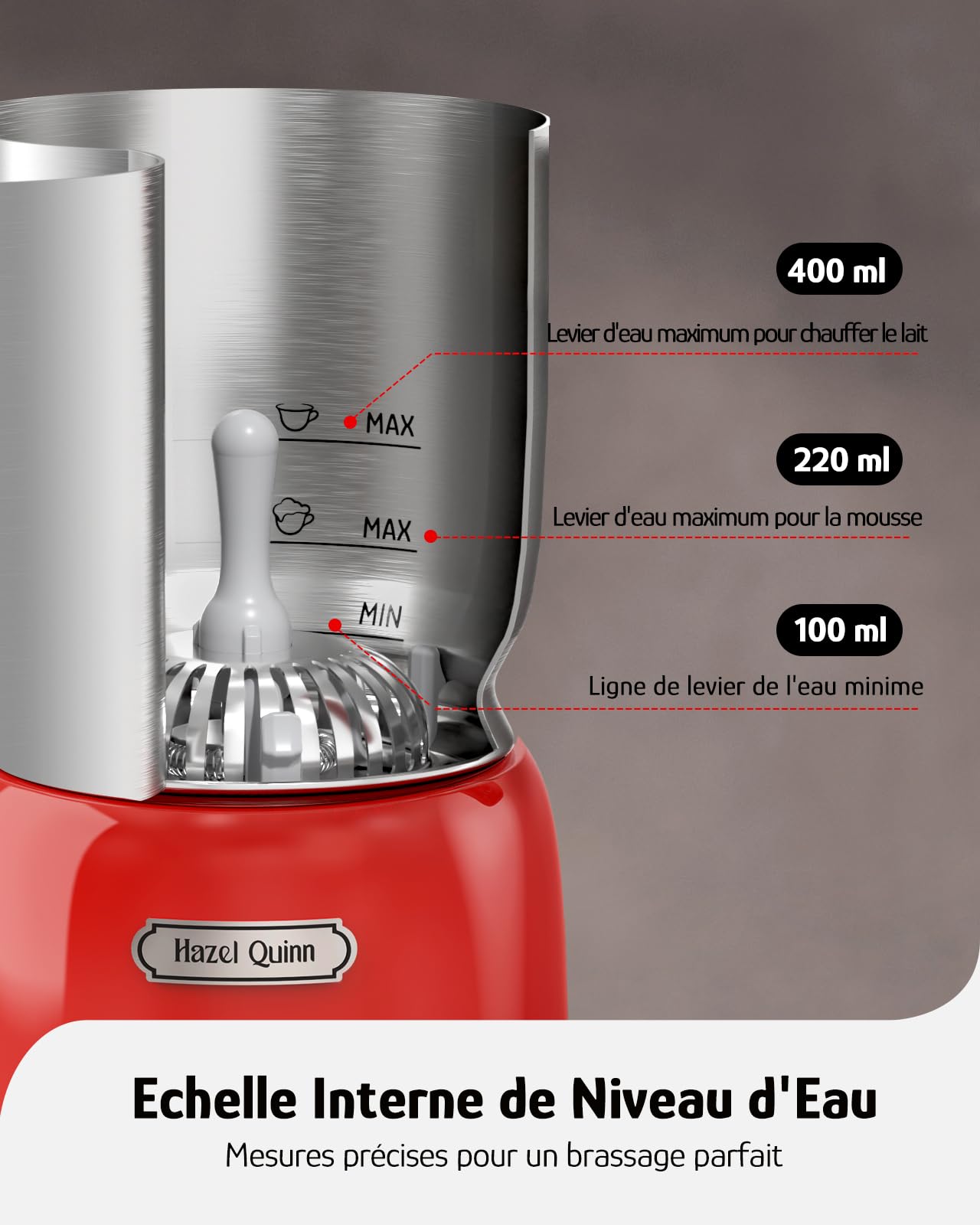 Hazel Quinn Mousseur à Lait Électrique en Acier Inoxydable, Multifonctionnel 5 en 1, Chauffe Lait Électrique, Machine à Chocolat Chaud, Contrôle Tactile LED, pour le Cappuccino, 400 ML, Rouge Rubis