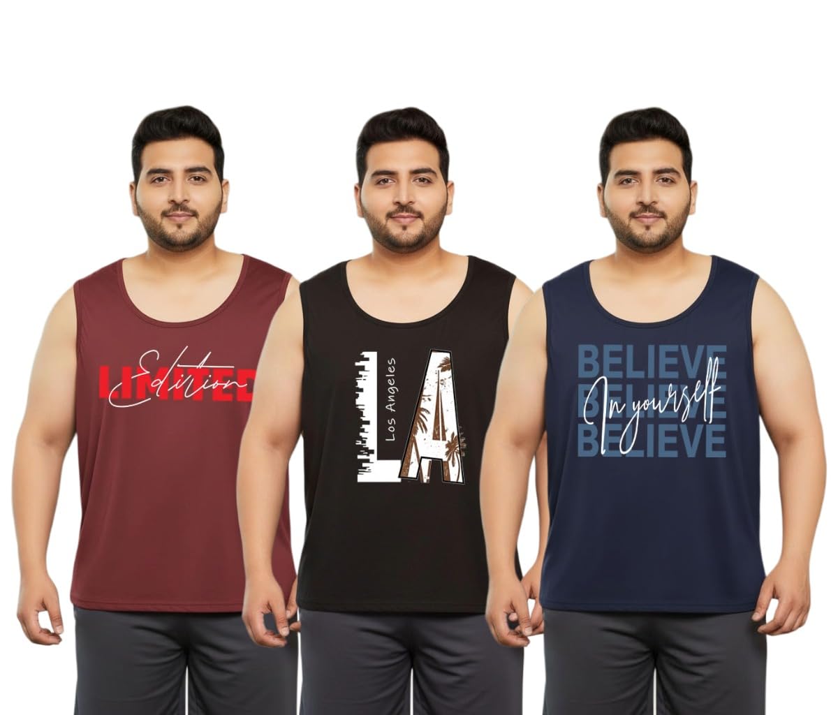 Pack of 3 Maroon Black Navy Mens Cotton Graphic Printed Plus Size Vest-image-14