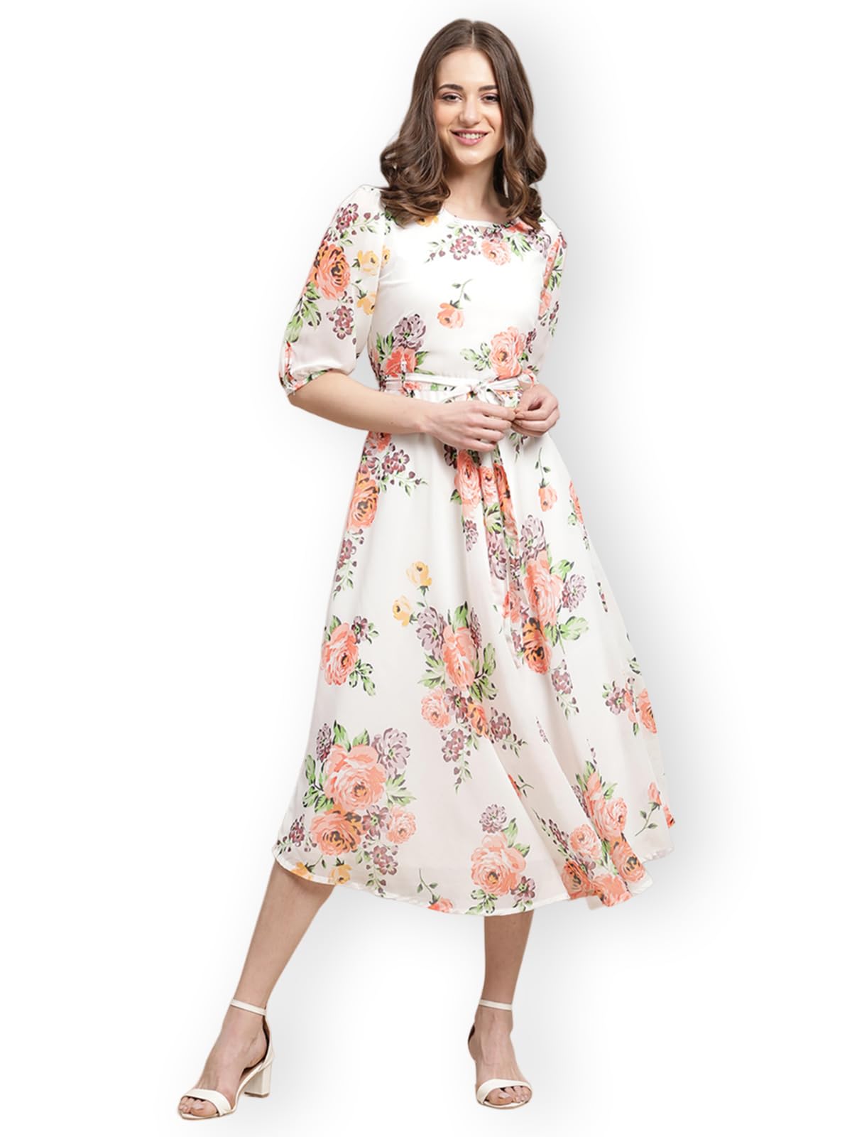 Preneum Women's Maxi Fit & Flare Latest Style Print Georgette Regular Sleeves Casual Maxi Dress || Summer Dress Festival & Occasion, Off White, 2Xl