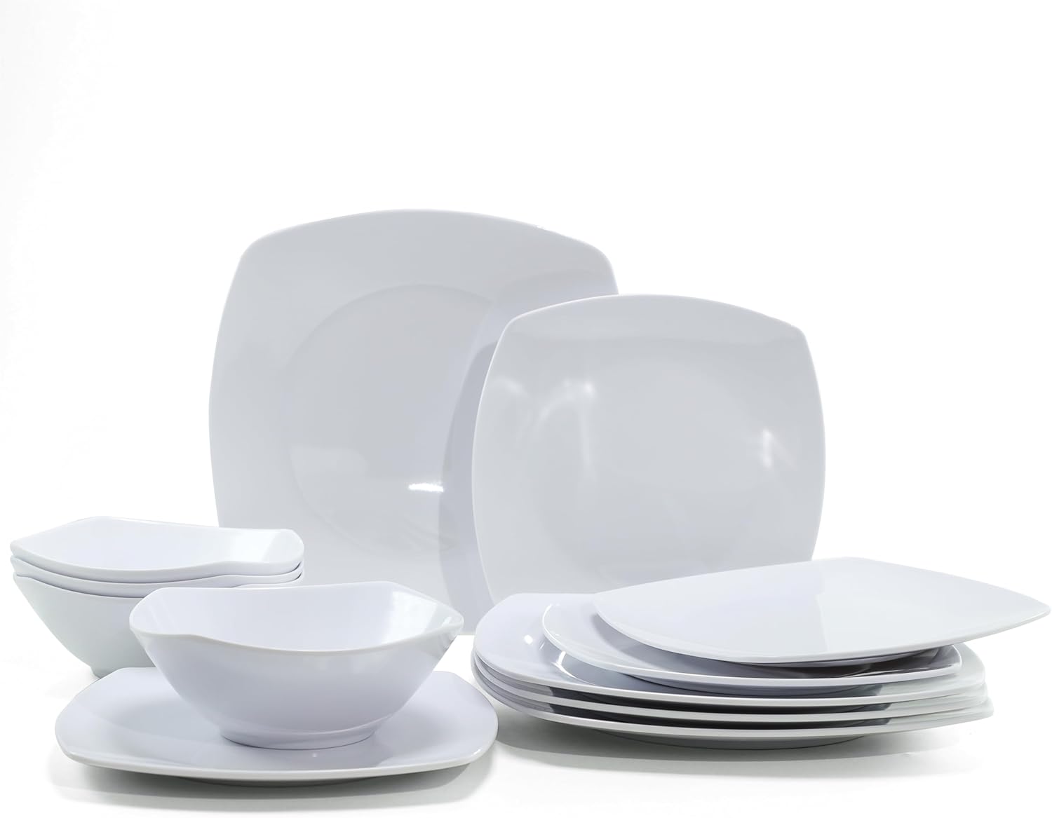 Melamine Dinnerware Sets, Square Dinnerware Sets, White Color Plates and Bowls Sets for 4, Unbreakable Dishwasher Safe BPA Free