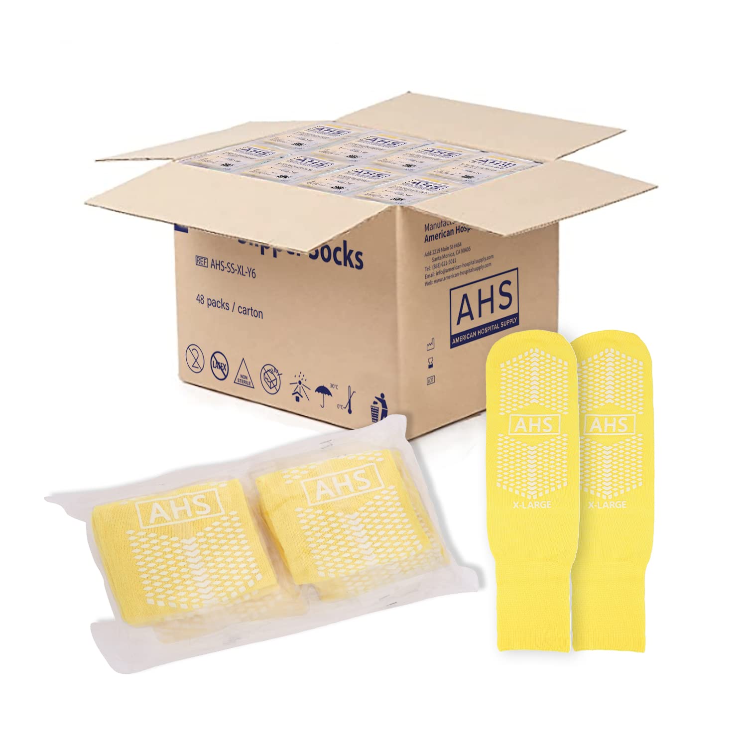 AMERICAN HOSPITAL SUPPLY Grippy Socks | Yellow X-Large Hospital Socks | Case of 48 Pairs Double Side Treaded Grip Socks with Elastic Cuff