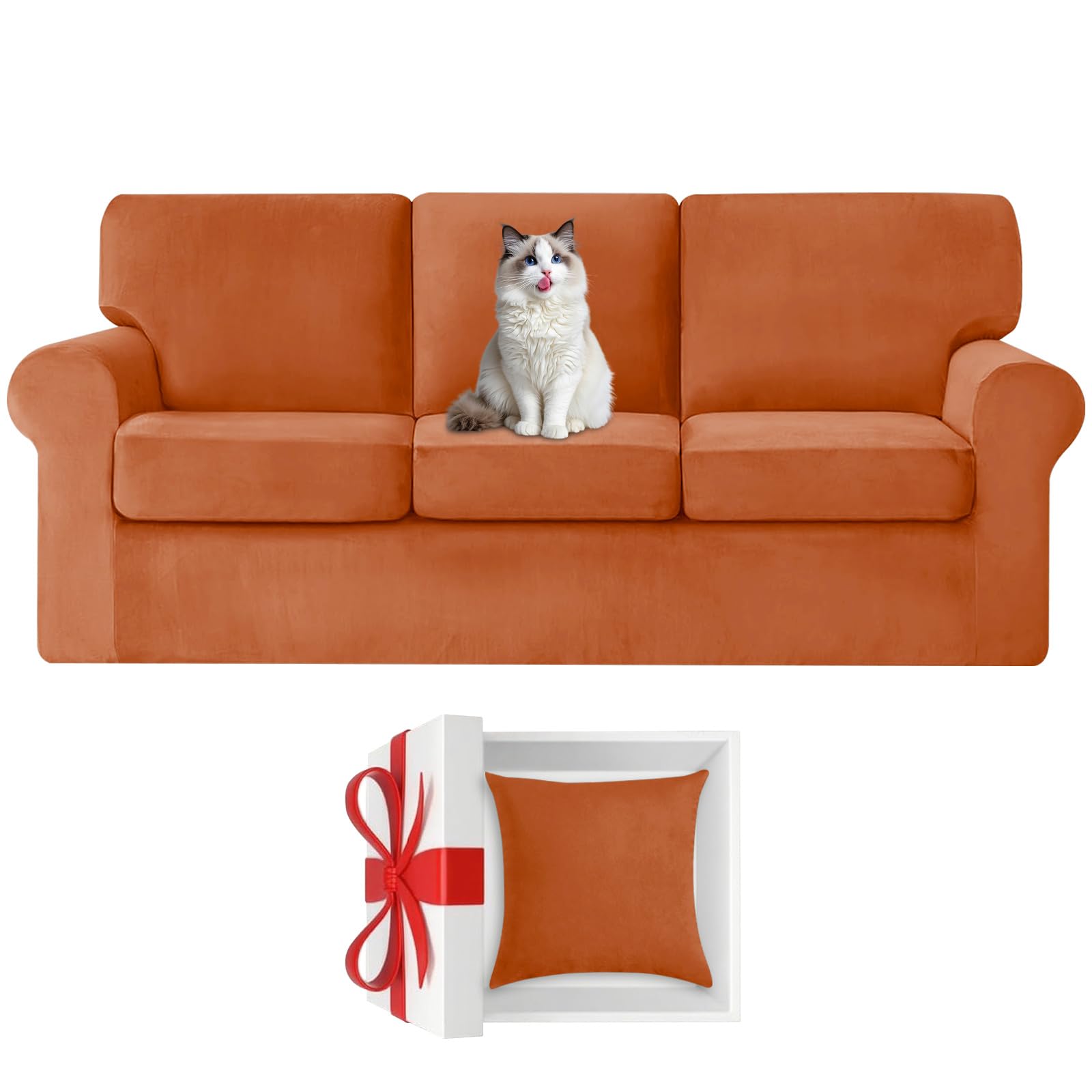 Housse canapé 3 places Ektorp extensible velours tangerine - Lot 7 pièces rechange dossiers coussins