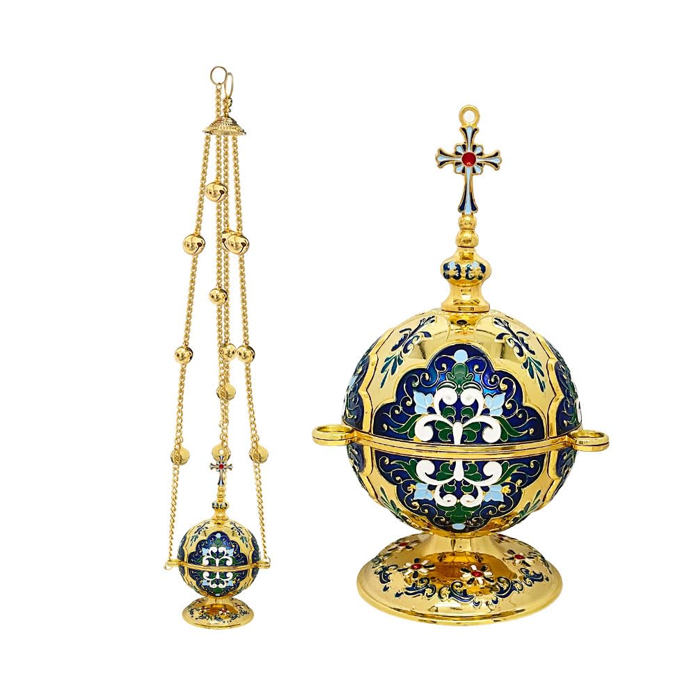 Encensoir d'église, brûleur d'encens orthodoxe, encens chrétien en alliage de zinc avec chaîne, 16,5 cm de haut (bleu)