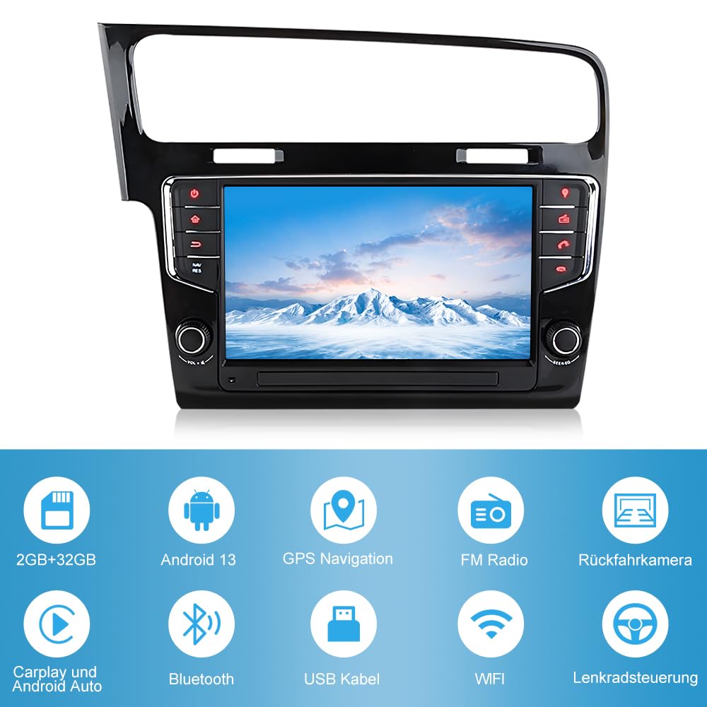 Junsun Android Autoradio für VW Golf 7 / VII (2013-2017) 2GB+32GB with 9 Zoll Touchscreen CarPlay, Android Auto, FM Radio, Bluetooth, WLAN, Navigtion, Lenkradsteuerung