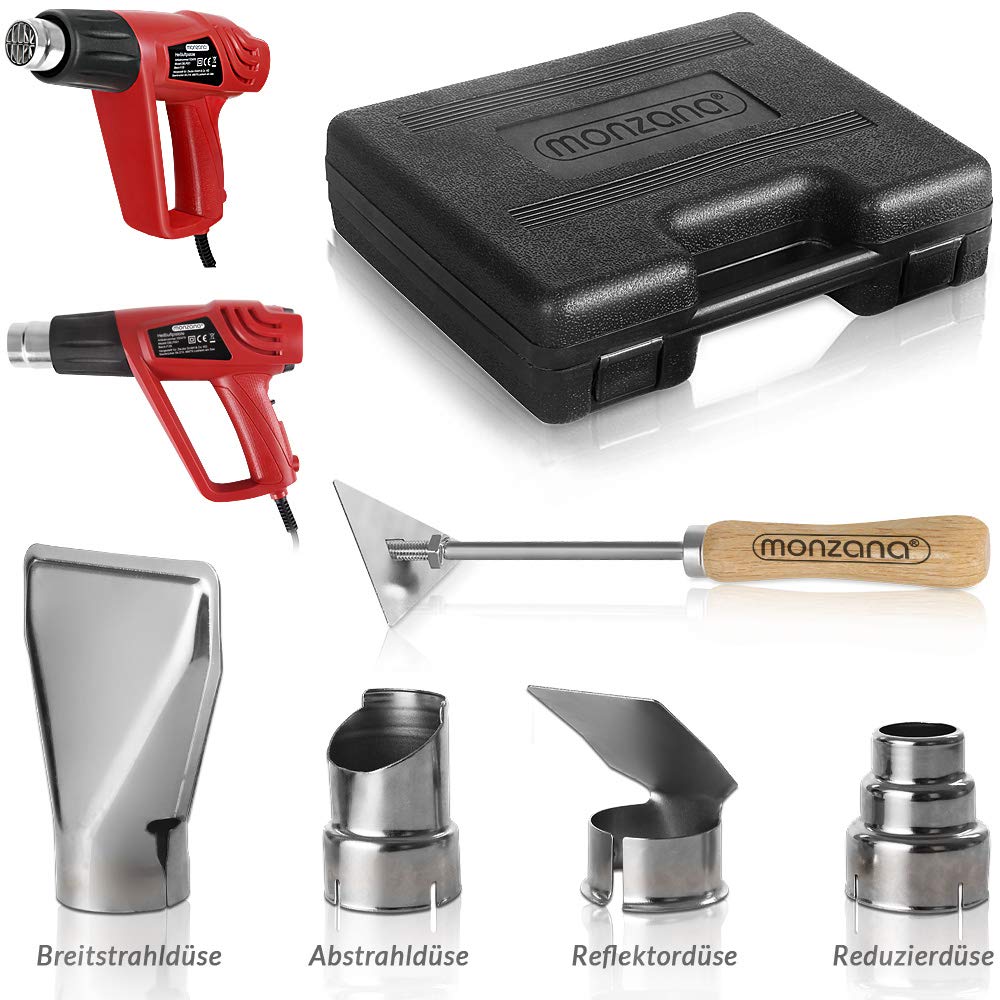 MONZANA® Heißluftpistole 2000 W mit Koffer mit 4 Düsen Farbkratzer 2 Heizstufen Heißluftfön Heißluftgebläse Grillanzünder