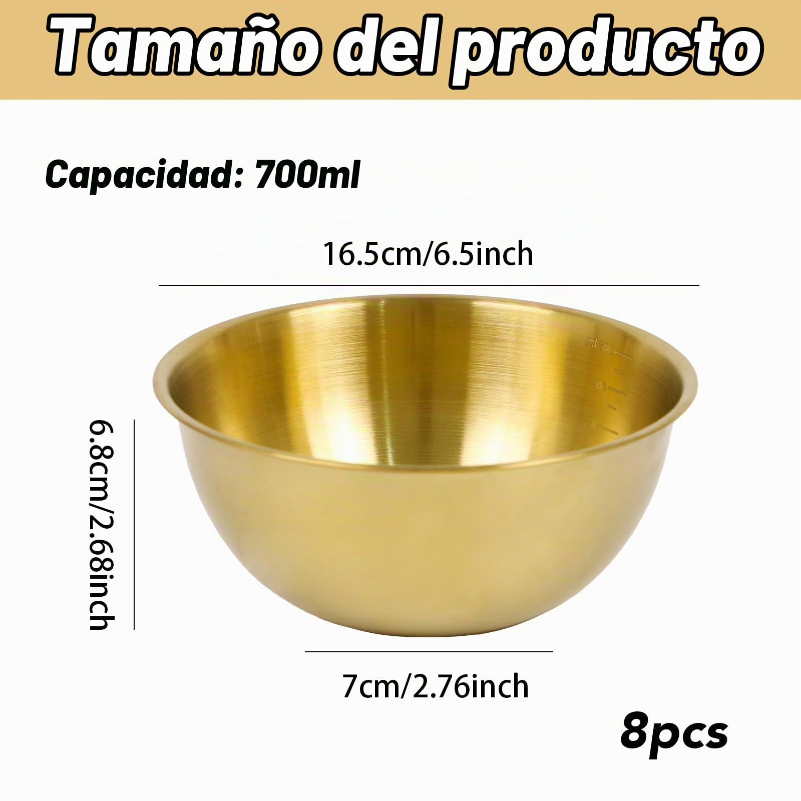 8 Piezas Cuenco Dorado 17 cm de Acero Inoxidable Cuenco Ensalada Dorado Cuencos Apilables Acero Inoxidable Dorados Cuencos de Cocina para Ensalada Sopa Arroz Fideos Ramen Fruta (17 x 7 cm)