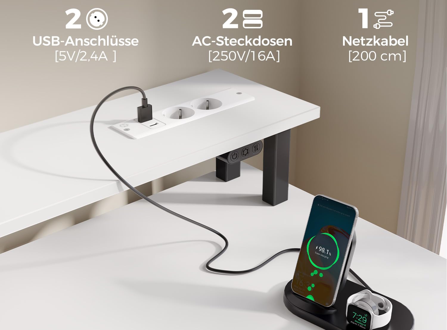 Seventable Schreibtisch mit Schubladen, Computertisch mit Steckdosen & LED, Gaming Tisch mit Monitorständer, Regal & 2 Haken, Gaming Schreibtisch für Büro, Wohnzimmer (Weiß, 100 cm)