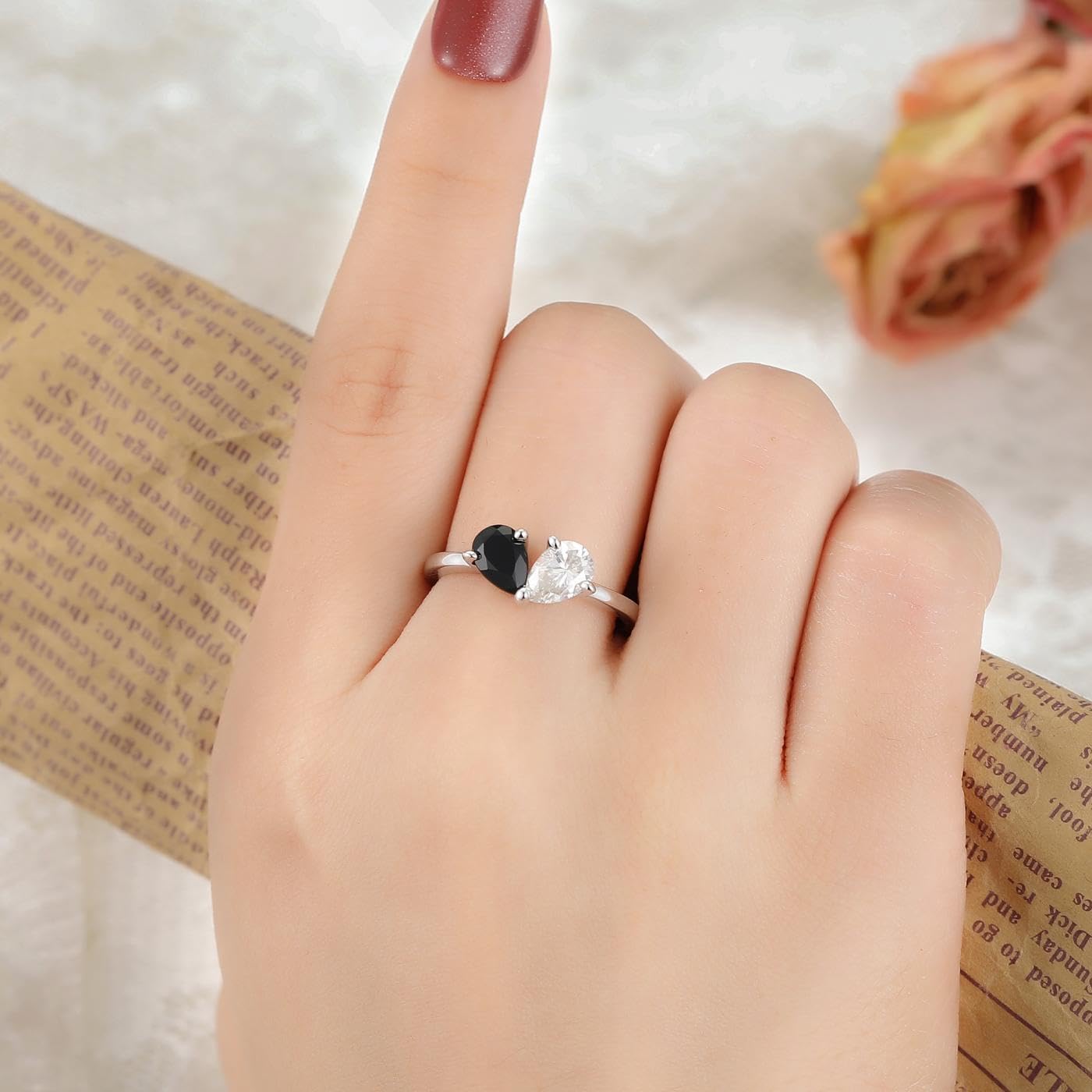 Natural Black Onyx Wedding Ring for Women 925 Sterling Silver Plated with Platinum Agate Gemstone Engagement Promise Cocktail Ring for Her Size 4-9