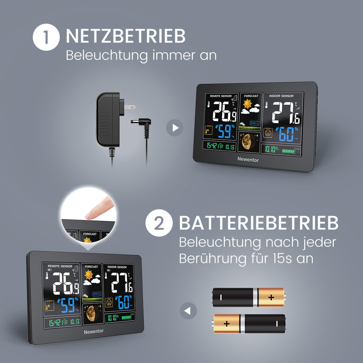 Newentor Wetterstation Funk mit Außensensor, Funkwetterstation Wettervorhersage Temperaturwarnung DCF Funkuhr, Schwarz