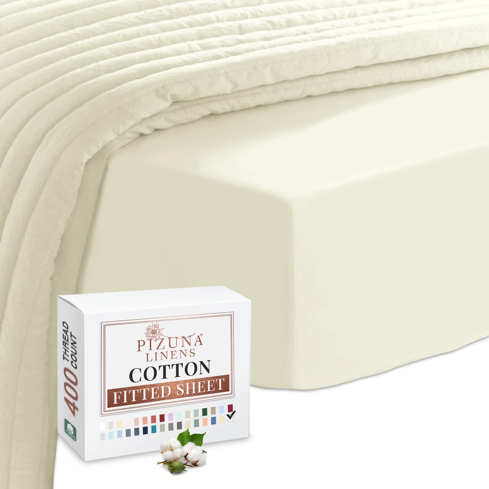Pizuna Off White 100% Cotton Single Fitted Sheet 400 Thread Count Long Staple Cotton Single Fitted Sheet 90X200 Cm, Sateen Weave 40 Cm Deep Pocket Sheet 1 Pc