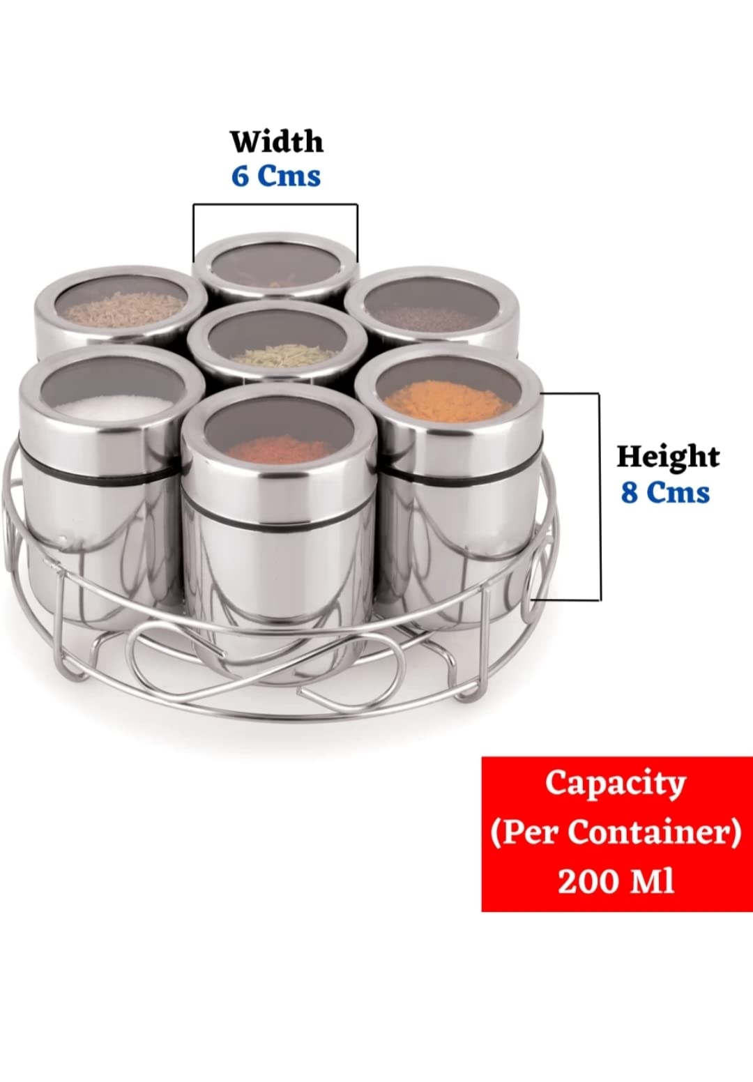 DARAZ Stainless Steel Masala Dabba Set with Stand | Spice Container Box for Kitchen & Resturants | 7 In 1 Spice Set Steel | Storage 7 Container In 1 Stand Per 190ml 1
