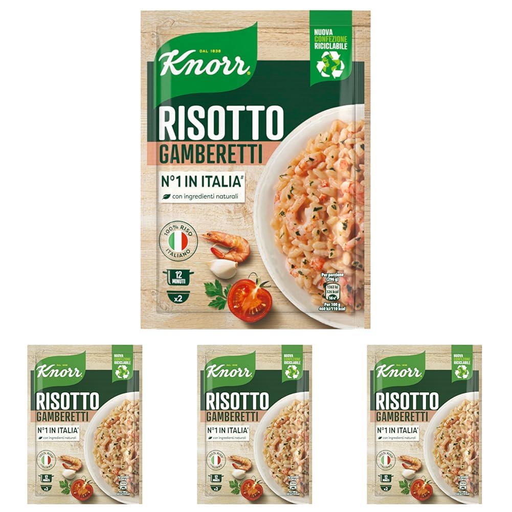 Knorr Risotto con Gamberetti, Risotto Pronto con Ingredienti Naturali, 100% Riso Italiano e Chicci al Dente, Preparazione in Pentola o al Microonde, 175g, 2 Porzioni (Confezione da 4)
