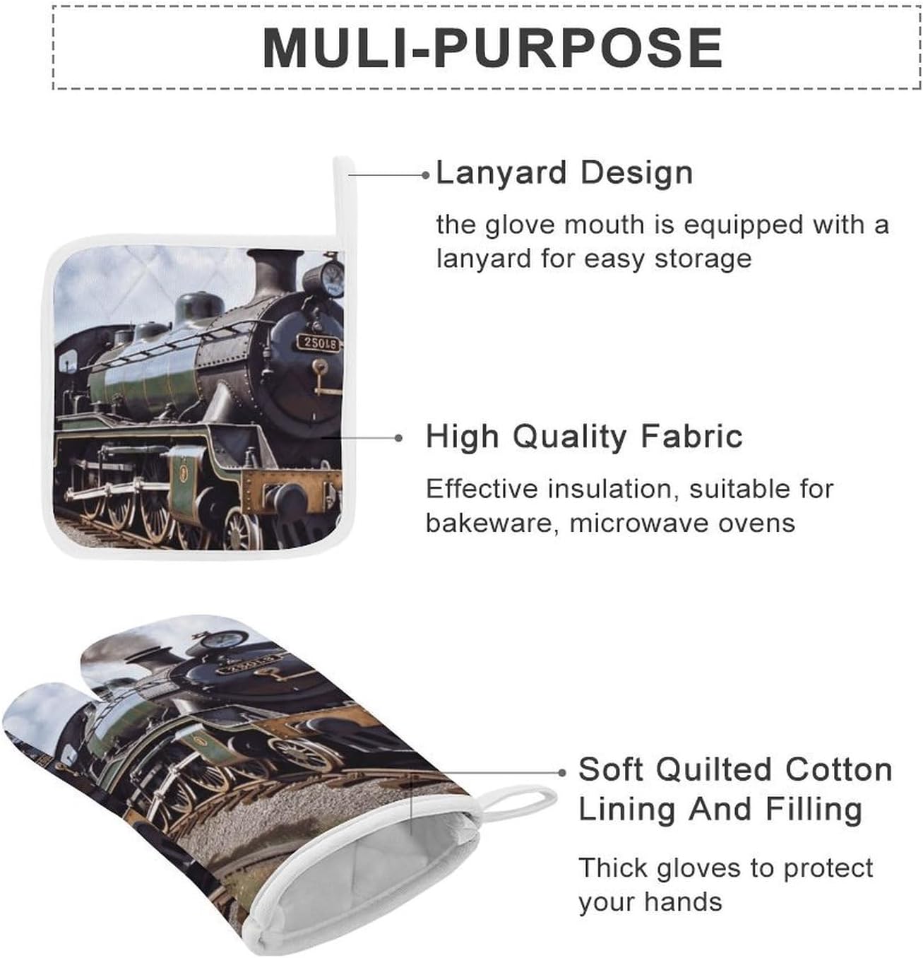 4-Piece Oven Mitts and Pot Holders Set Steam Locomotive Train2 Printed Heat-Resistant Polyester Kitchen Gloves and Potholders Comfortable & Durable for Cooking Baking and Grilling