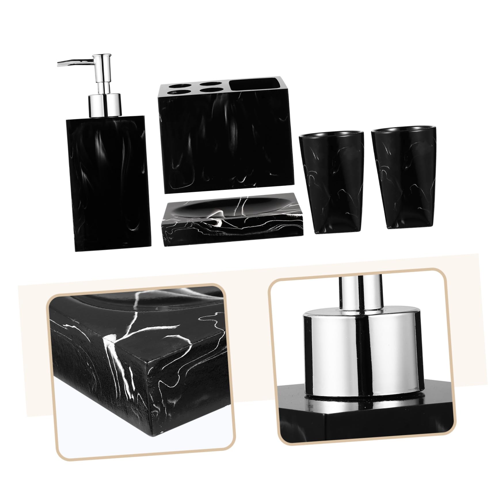 Set de Baño Marmolado de Resina Negro 5 Piezas para Lavabo | Botella de Mano, Soporte para Cepillos, 2 Vasos de Enjuague, Bandeja para Jabón, Juego Práctico de 5 Piezas